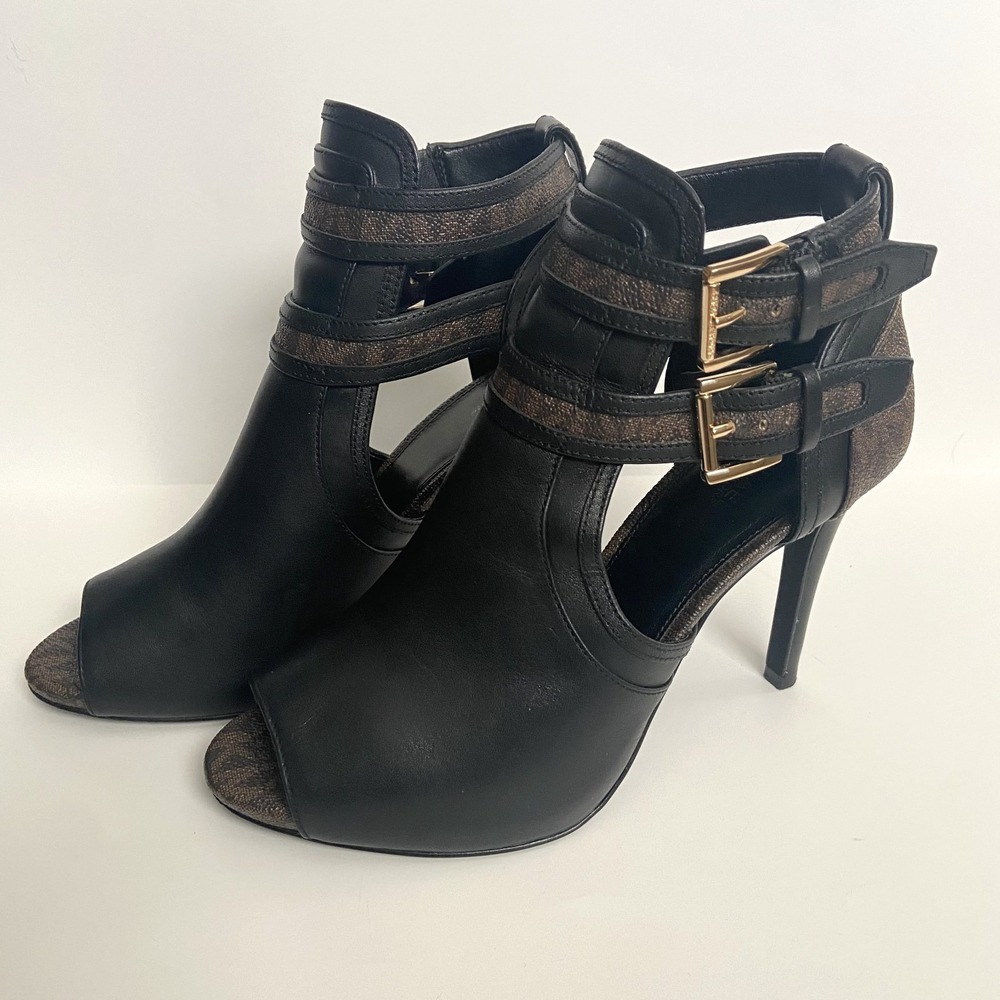 Michael Kors Women's Black Brown Logo Leather Open‑Toe Ankle Booties Size 7.5